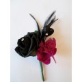 Orchid and Black Rose Wedding Buttonhole with Diamante, Feather and Glitter Heart ( 3 + Colours to Select )