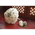 Wedding Bridal Bouquet in Ivory and Glitter Silver Roses with matching Buttonhole