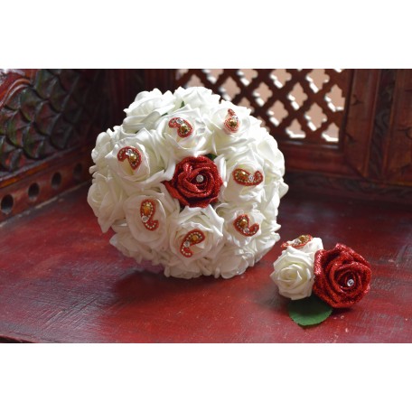 Wedding Bridal Bouquet in Ivory and Glitter Red Roses with matching Buttonhole