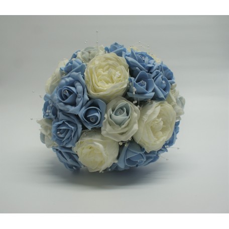 Bridal Wedding Bouquet with Light Blue and White Roses with Pearls