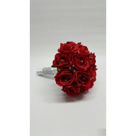 Bridal Wedding Bouquet made with Red Silk Roses and Diamante