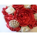 Wedding Bouquet in Ivory and Red with Pearls and Diamante including 2 posies and 5 buttonholes 