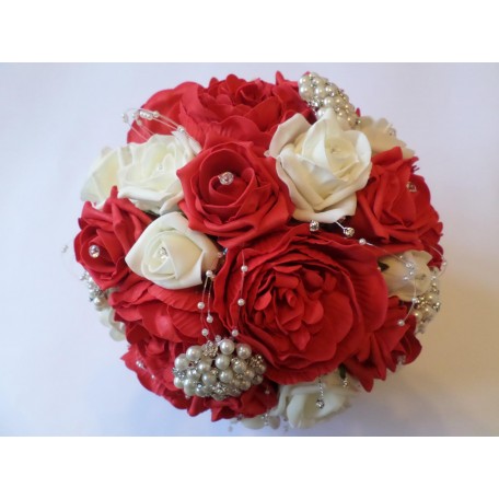 Wedding Bouquet in Ivory and Red with Pearls and Diamante
