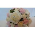 Wedding Bouquet, Posy and Buttonholes Bundle in Pink and Ivory Roses with Diamante pins 