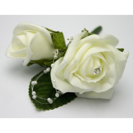 Double Ivory Wedding Buttonholes with Daimante and Pearl Spray