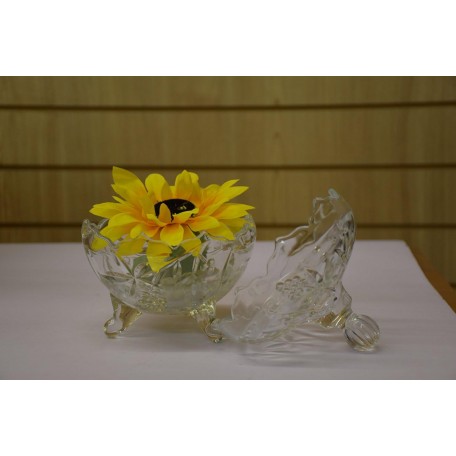 Crystal Bowl with Lid - Large Bright Yellow Sunflowers Inside