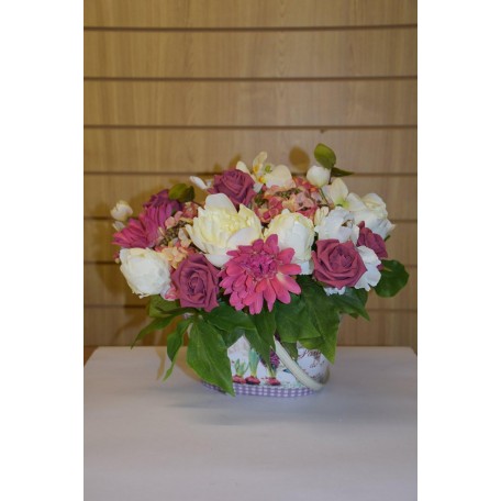 Beautiful Floral Arrangement in Metal Bucket with Handle - Pinks and Ivory