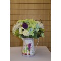Beautiful Floral Arrangement in Large Metal Milk Jug - Ivory , Lime and Purple