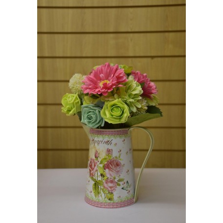 Beautiful Floral Arrangement in Large Metal Milk Jug - Lime , Pink , Mint