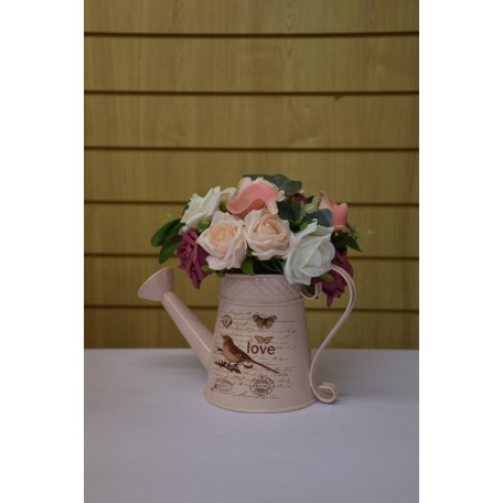 Beautiful Floral Arrangement in Pink Metal Love Bird Watering Can - Shades of Pink & Raspberry