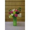 Beautiful Floral Arrangement in Tall Lime Glass with Lime, Ivory and Raspberry Flowers 