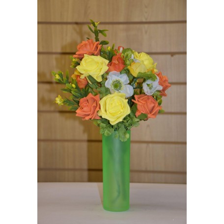 Beautiful Floral Arrangement in Tall Lime Glass with Orange and Yellow Flowers 