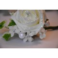 Christmas White Glitter Wedding Buttonholes with Ivy, Pearlised Beads, Daisies and Daimante