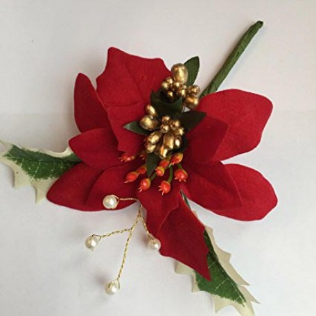 Single Christmas Buttonhole with Red Poinsettia, Gold Berries, Holly and Pearl Stems - Red