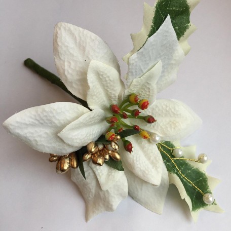 Single Christmas Buttonhole with Red Poinsettia, Gold Berries, Holly and Pearl Stems - White