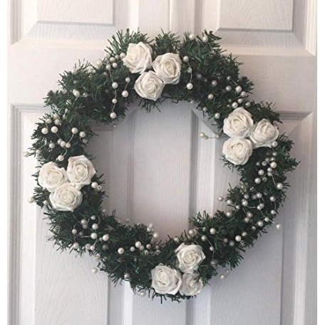 Christmas Wreath with White Glitter Flowers and Pearl Spray